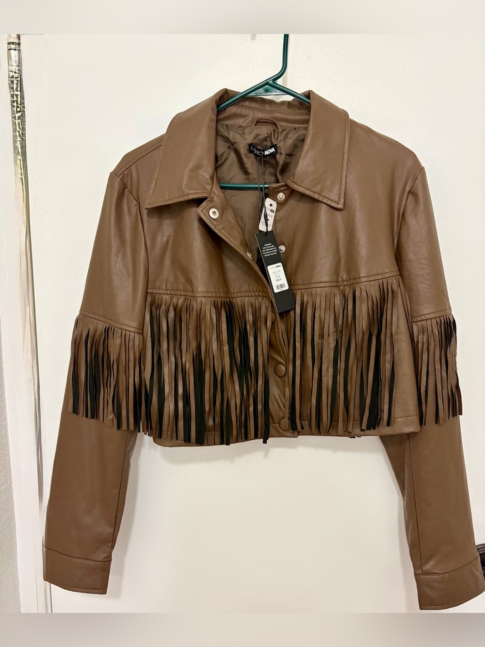 Fashion Nova Brown Cropped Fringe Faux Leather Jacket
